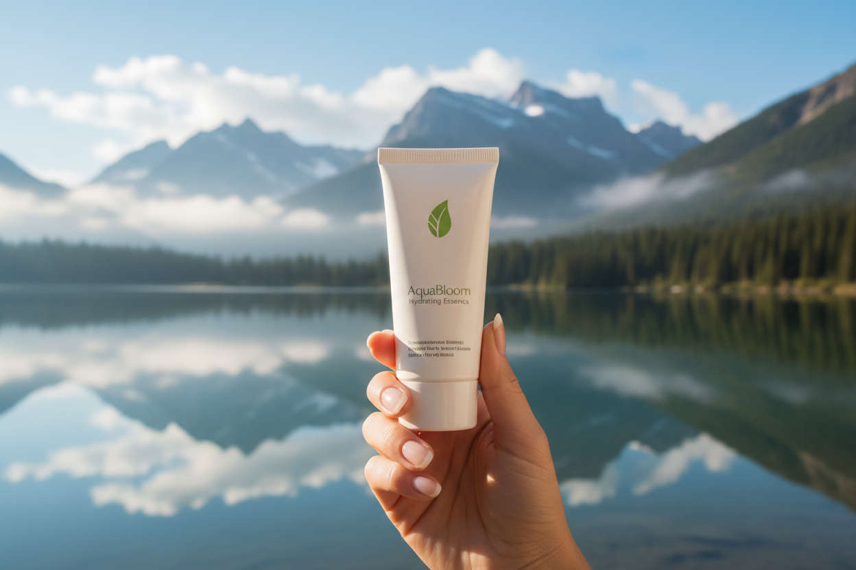 skincare product in hand and in the background you can see lake and mountains